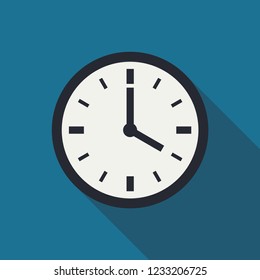 Clock icon with shadow on a blue background for website design in flat style. Office clock icon, Time icon. Four o'clock. Vector illustration, eps10.