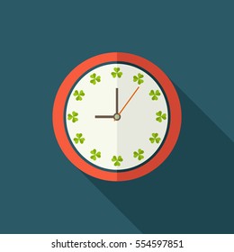 Clock Icon With Shamrocks And Long Shadow. Positive Start Of The Day Concept