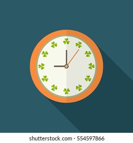 Clock Icon With Shamrocks And Long Shadow. Positive Start Of The Day Concept