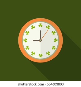 Clock Icon With Shamrocks And Long Shadow. Positive Start Of The Day Concept