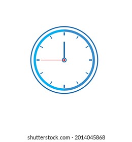 Icono de reloj muestra 12 en reloj en color azul de estilo plano sobre fondo blanco. diseño vectorial de temporizador