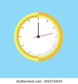 Clock Icon shows 12 o clock in flat style yellow color on blue background. timer vector design