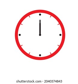 Icono de reloj muestra 12 en reloj en color rojo de estilo plano sobre fondo blanco. diseño vectorial de temporizador