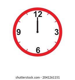 Icono de reloj muestra 12 en reloj en color rojo de estilo plano sobre fondo blanco. diseño vectorial de temporizador