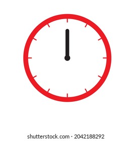 Icono de reloj muestra 12 en reloj en color rojo de estilo plano sobre fondo blanco. diseño vectorial de temporizador