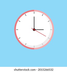 Clock Icon shows 3 o clock in flat style pink color on blue background. timer vector design