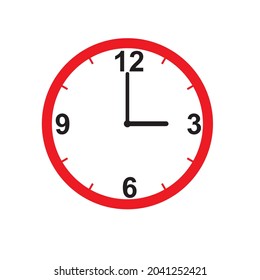 Clock Icon shows 3 o clock in flat style red color on white background. timer vector design