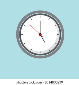 Clock Icon shows 5 o clock in flat style grey color on blue background. timer vector design