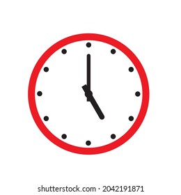 Clock Icon shows 5 o clock in flat style red color on white background. timer vector design