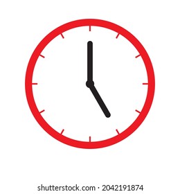 Clock Icon shows 5 o clock in flat style red color on white background. timer vector design