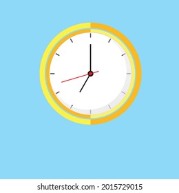 Clock Icon shows 7 o clock in flat style yellow color on blue background. timer vector design