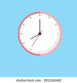 Clock Icon shows 8 o clock in flat style pink color on blue background. timer vector design