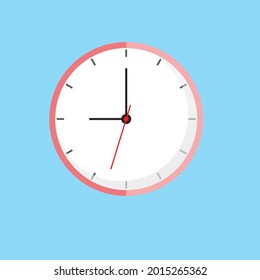 Clock Icon shows 9 o clock in flat style pink color on blue background. timer vector design