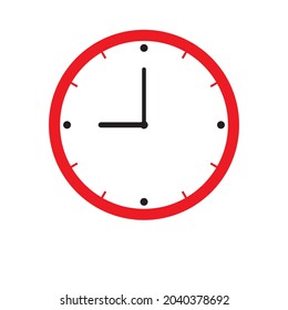 Clock Icon shows 9 o clock in flat style red color on white background. timer vector design