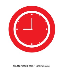 Clock Icon zeigt 9 Uhr in flach roter Farbe auf weißem Hintergrund. Timer-Vektordesign