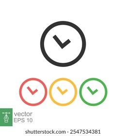 Clock icon. Simple flat style. Circle wall clock face, day, night, black, red, yellow, green color, business concept. Vector illustration isolated on white background. EPS 10.