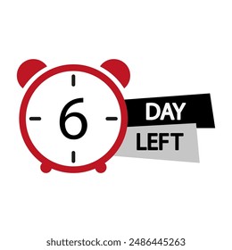 Icono del reloj. Quedan seis días. Rojo y negro. Ilustración vectorial.