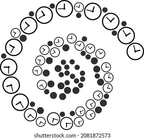 Clock icon spiral collage. Clock symbols are arranged into whirlpool vector illustration. Abstraction spiral done from randomly allocated clock symbols.