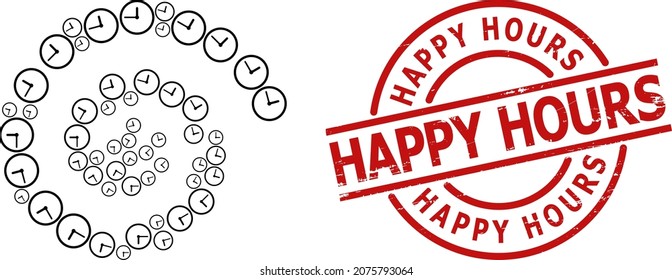 Clock icon spiral stream collagewith Happy Hours corroded stamp print. Clock icons are arranged into spiral vector illustration. Red stamp seal has Happy Hours title inside circle shape.