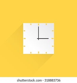  Clock icon with square and long shadow on yellow background, flat design, vector illustration