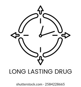 A clock icon surrounded by directional arrows, representing continuous and long lasting drug action, in vector style, with an editable stroke.