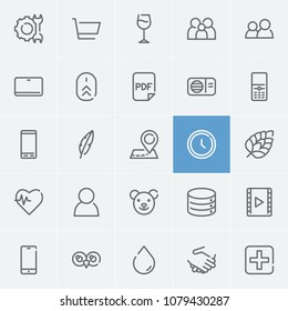 Clock icon with tablet, medical and pdf symbols. Set of telephone, smartphone, cellphone icons and quill concept. Editable vector elements for logo app UI design.