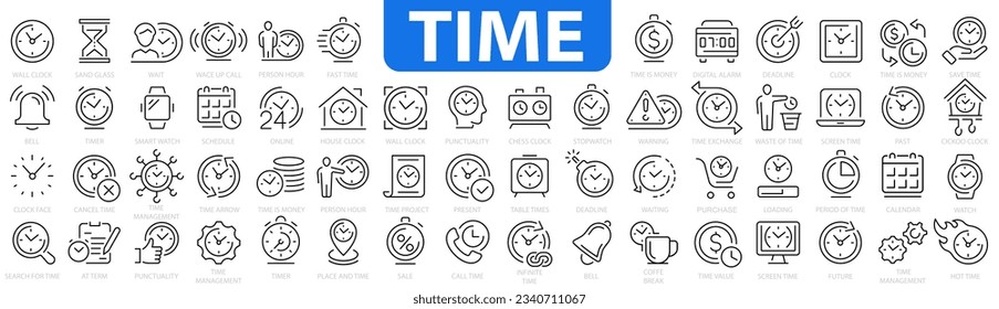 Clock icon. Time icon. 60 icon set.  Simple Set of Time Related Vector Line Icons. Time clocks thin line icons. Time Inspection, Log, Calendar and more.