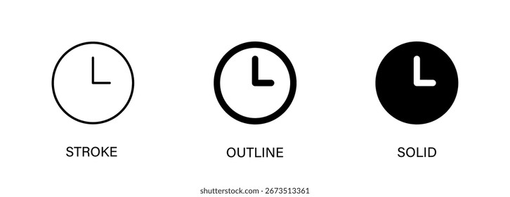 Clock icon for time management, alarm, hour. Vector line and solid icons.