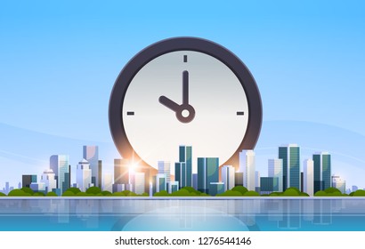 clock icon time management deadline business timing concept over big modern city building skyscraper cityscape skyline flat horizontal