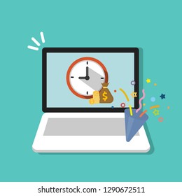 Clock icon. Time is money concept on laptop, computer with confetti popper symbol  flat cartoon design