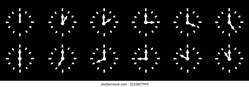 Clock icon. Time and clock icon set. Complete 12 hours pointed clockwise o'clock sharp. Black simple flat designs style. Vector illustration. Set of analogs.