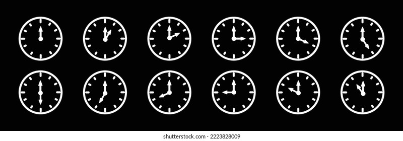 Clock icon. Time and clock icon set. Complete 12 hours pointed clockwise o'clock sharp. Black simple flat designs style. Vector illustration. Set of analogs.