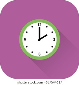 Clock icon. Vector. Flat design with long shadow. Green time symbol isolated on violet background.Furniture for bedroom.