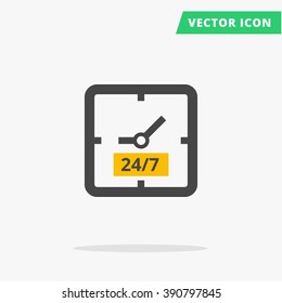 Clock icon Vector illustration, flat clock arrows black silhouette watch sign 24/7, simple time icon with color element arrow vector watch image, every day sign