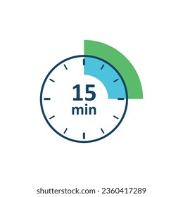 Clock icon vector illustration. Timer sign 15 min on isolated background. Countdown sign concept.