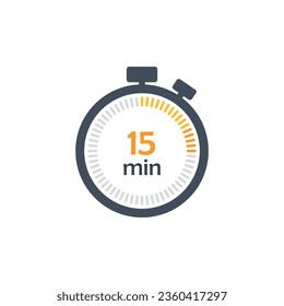 Clock icon vector illustration. Timer sign 15 min on isolated background. Countdown sign concept.