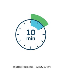 Clock icon vector illustration. Timer sign 10 min on isolated background. Countdown sign concept.