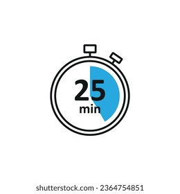 Clock icon vector illustration. Timer sign 25 min on isolated background. Countdown sign concept.
