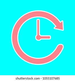 Clock Icon. Vector. Magenta icon with white sticker contour at sky blue background. Isolated.