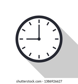 Clock icon vector with shadow. Office clock icon. Time icon. Nine o'clock. Vector illustration, eps10.