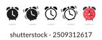Clock icon vector simple graphic set, flat alarm watch ringing sign symbol illustration, time shape silhouette pictogram image clip art line outline stroke art and solid isolated 