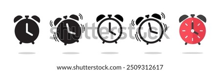 Clock icon vector simple graphic set, flat alarm watch ringing sign symbol illustration, time shape silhouette pictogram image clip art line outline stroke art and solid isolated 