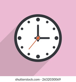 Clock icon, wall clock face clip art with long shadow. Clock icon design in flat style, watch sign, timer isolated symbol, office watch business icon concept for web and app. Vector illustration.