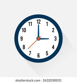 Clock icon, wall clock face design in flat style with shadow, watch sign, timer isolated symbol, office watch clip art, business icon concept for web, app, and creative projects, vector illustration.