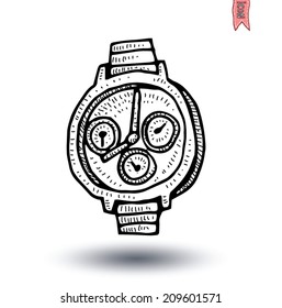 clock icon, watche, Hand drawn vector illustration.