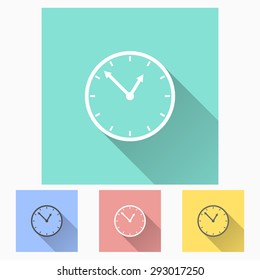 Clock - icon is white with long shadow, flat design. Vector illustration.