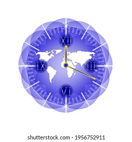 Clock icon. World map design. Decor for the application and website. Time symbol. Vector graphics for business.