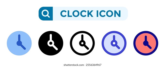 Clock icons in 5 different vector illustration styles. Settings icons in flat, solid, line, blue and color styles. Vector illustrations can be used for web, mobile, ui