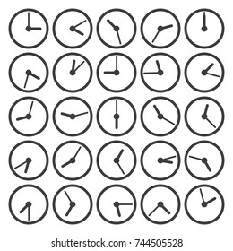 Clock icons. Clocks for every hour for time display vector illustration