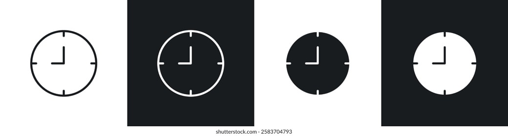Clock icons collection in black and white filled and line versions